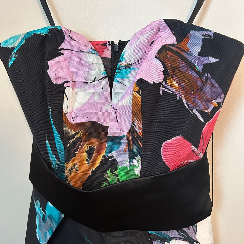 Milly Dress Exclusive Paper Floral Print Luxurious Tuck Black Strapless Cocktail - Picture 3 of 13